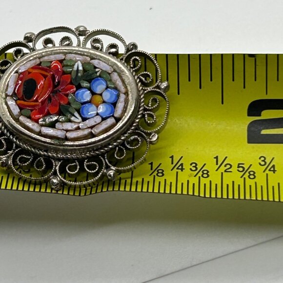 Vintage Italian Micro Mosaic Oval Pendant With Filigree Detailing Floral Design - Picture 14 of 14